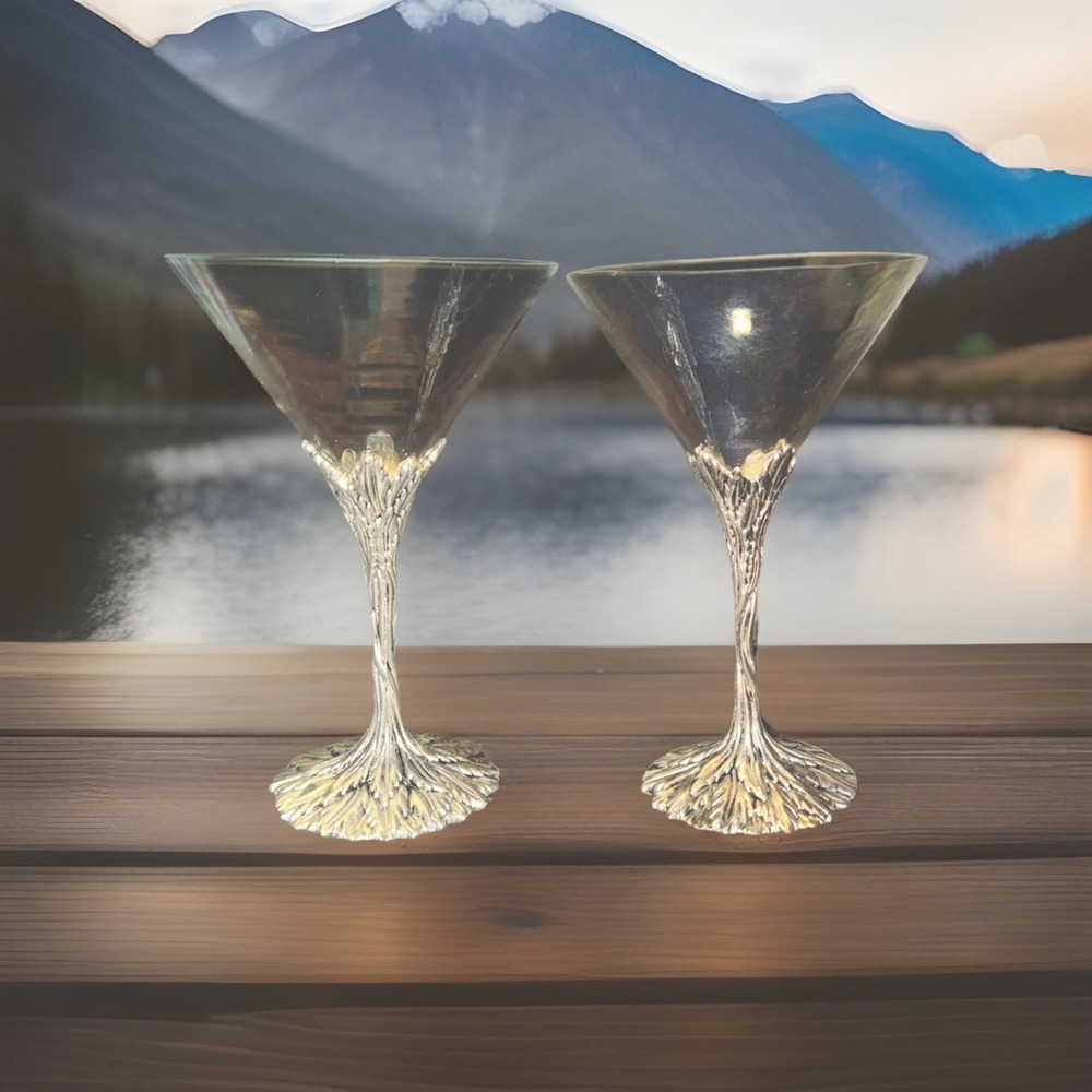 Vintage ~ Grey Goose Martini Glasses ~ Set of 2 w/ Tree Branch Pewter Stem